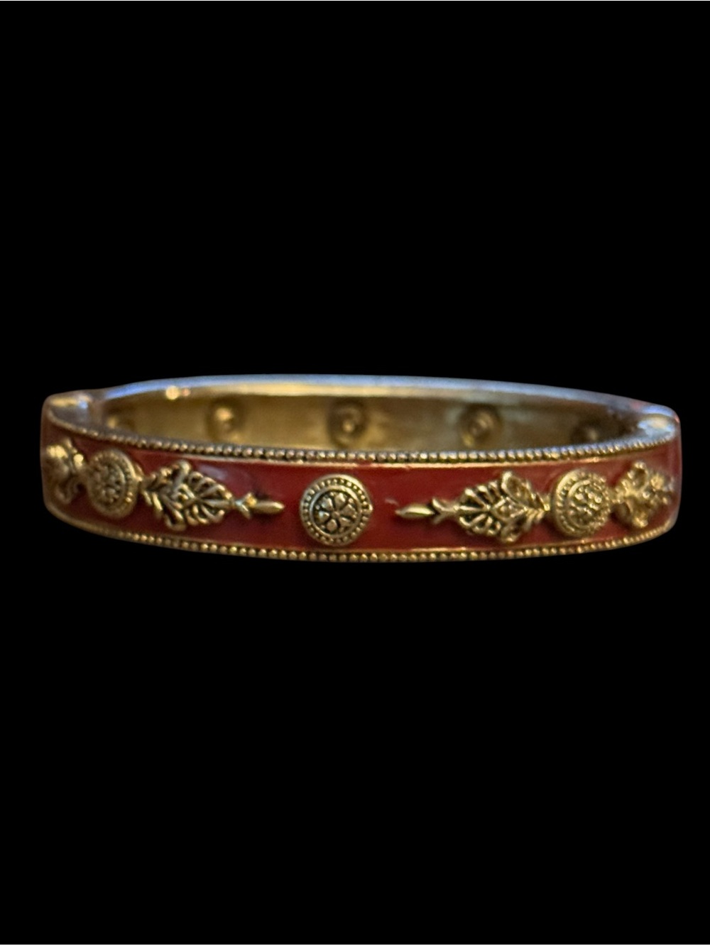 Vintage gold tone brass enamel embossed hinged bangle bracelet